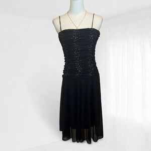 Y2K black ruched rhinestone midi dress Capricho sparkle fairy formal